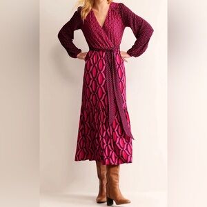 Boden Pink Geometric Wrap Maxi Dress Long Sleeve Tie Waist Retro Mod Preppy 8